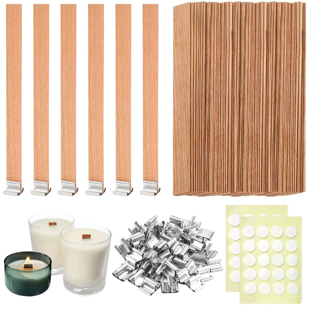 Wooden Wick Candle - 100Pcs Wooden Wicks with Base Kit
